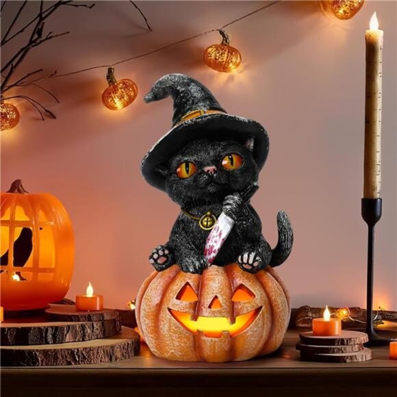 Halloween Decorations Indoor Halloween Decor Resin 7.3” Tall Black Cat on - Picture 5 of 8